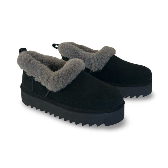 UGG Nita Platform Slippers Genuine Shearling Womens Size 7 Black Suede - Picture 1 of 6